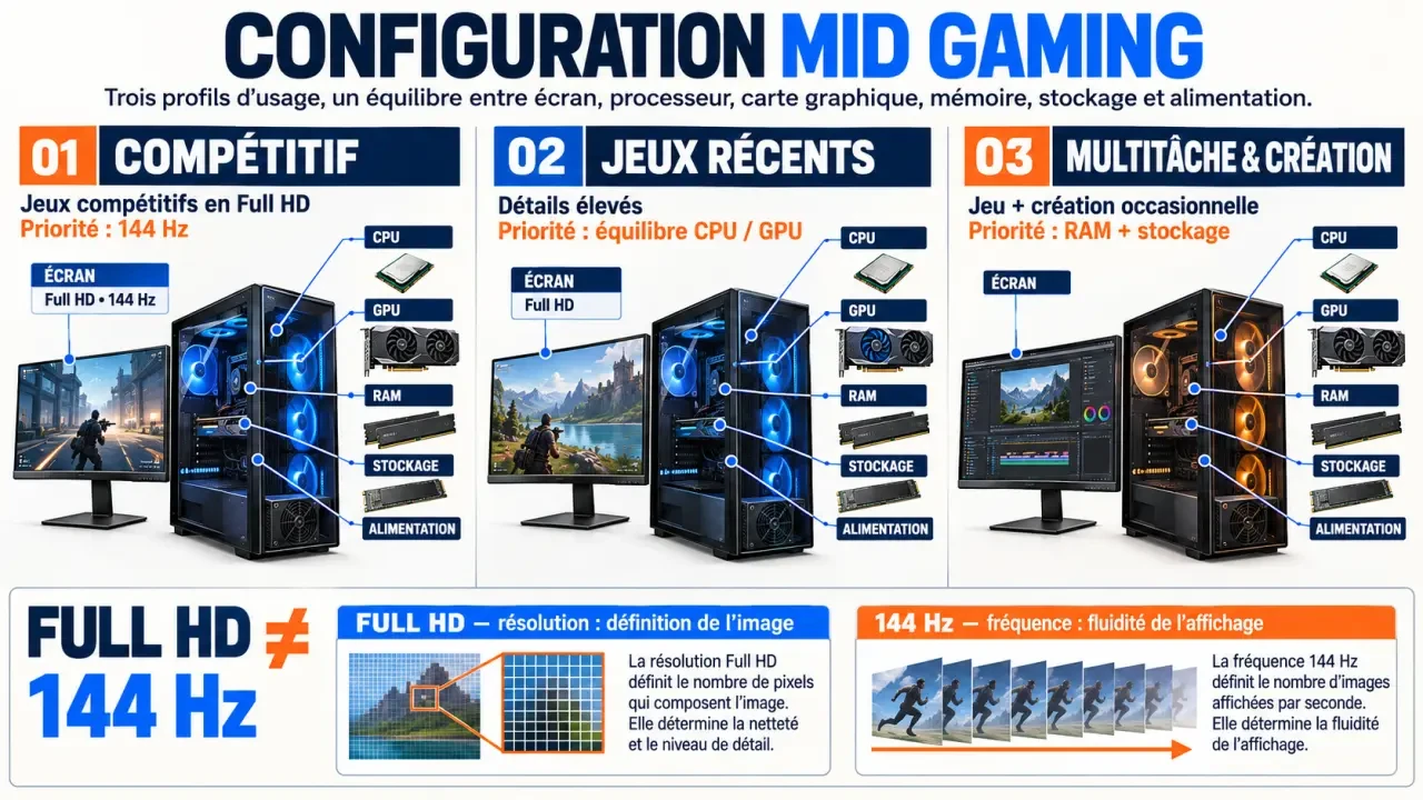 Infographie mid gaming : choisir les composants selon le Full HD, le 144 Hz et l’usage