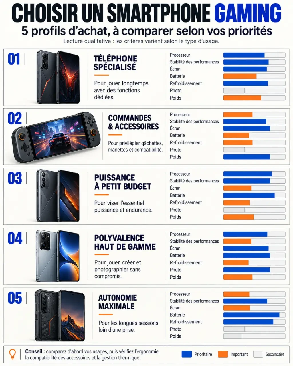 Infographie comparative des gamers phones selon la puissance, l’autonomie, l’écran et le refroidissement