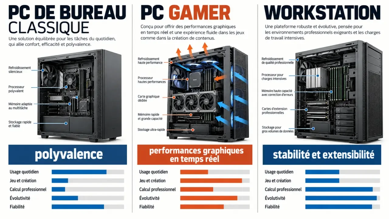 Infographie comparative d’une workstation, d’un PC de bureau et d’un PC gamer
