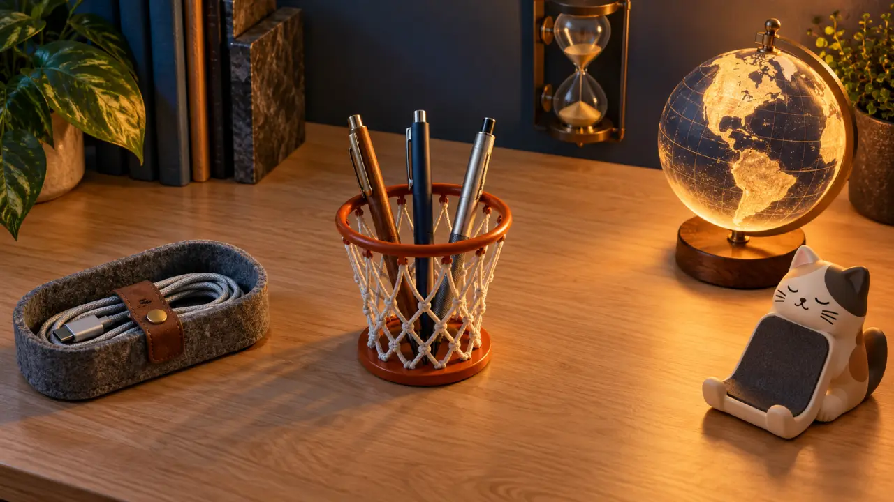 Gadget bureau : mini panier à crayons et lampe LED sur bureau