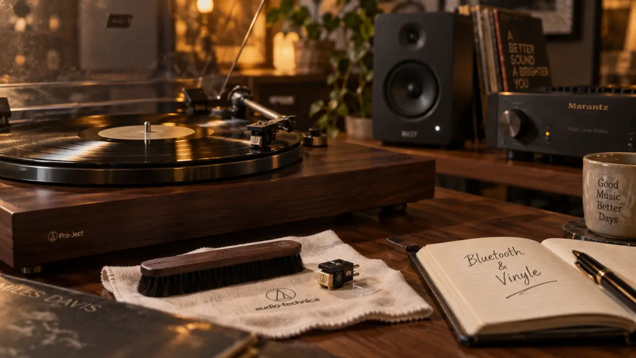 Meilleurs platines vinyles : platine vinyle bois sombre, brosse antistatique et cellule