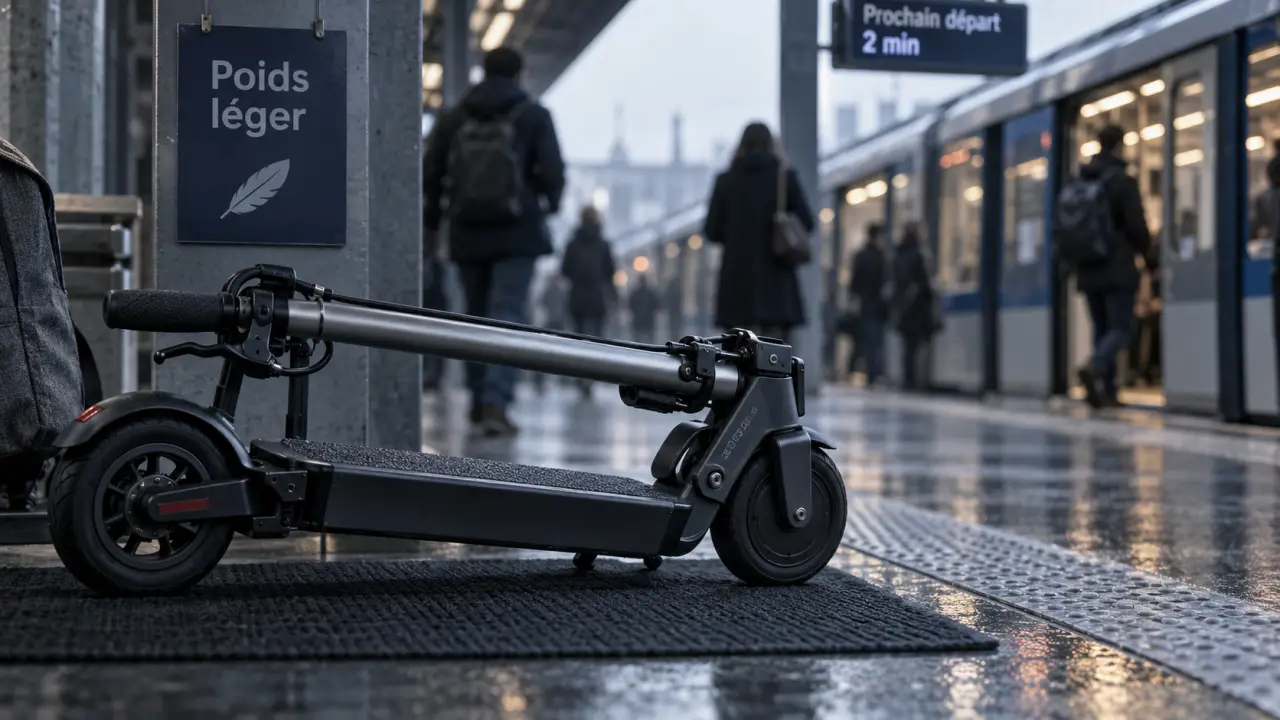 Trotinette electrique legere repliée en gare urbaine